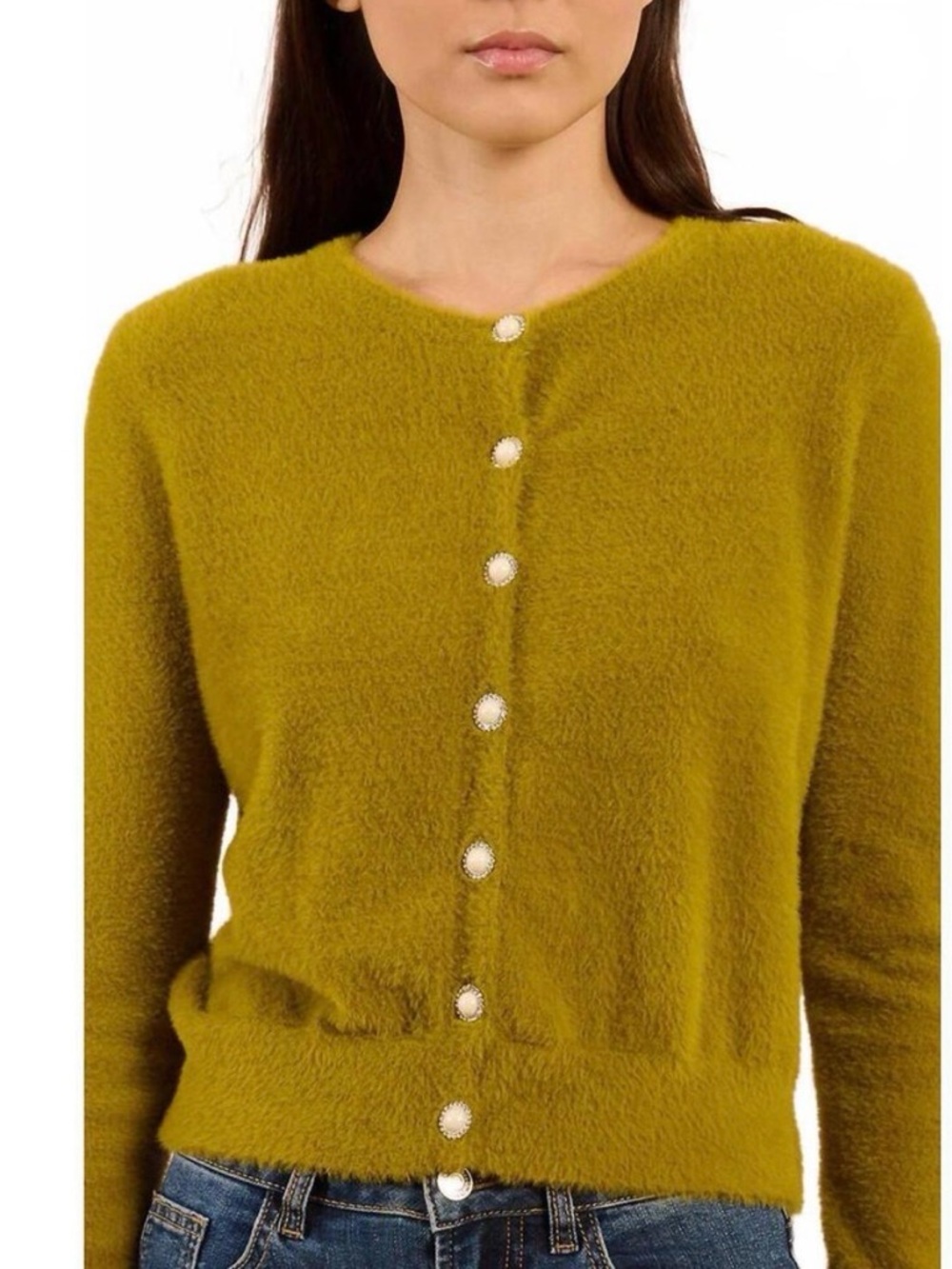 Molly Bracken Chartreuse Fuzzy Pearl-Button Cardigan BNWT - Picture 3 of 6